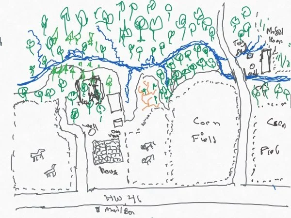 Hand-drawn map of the Kingman farm: house, barn, creek, woods, and pastures.