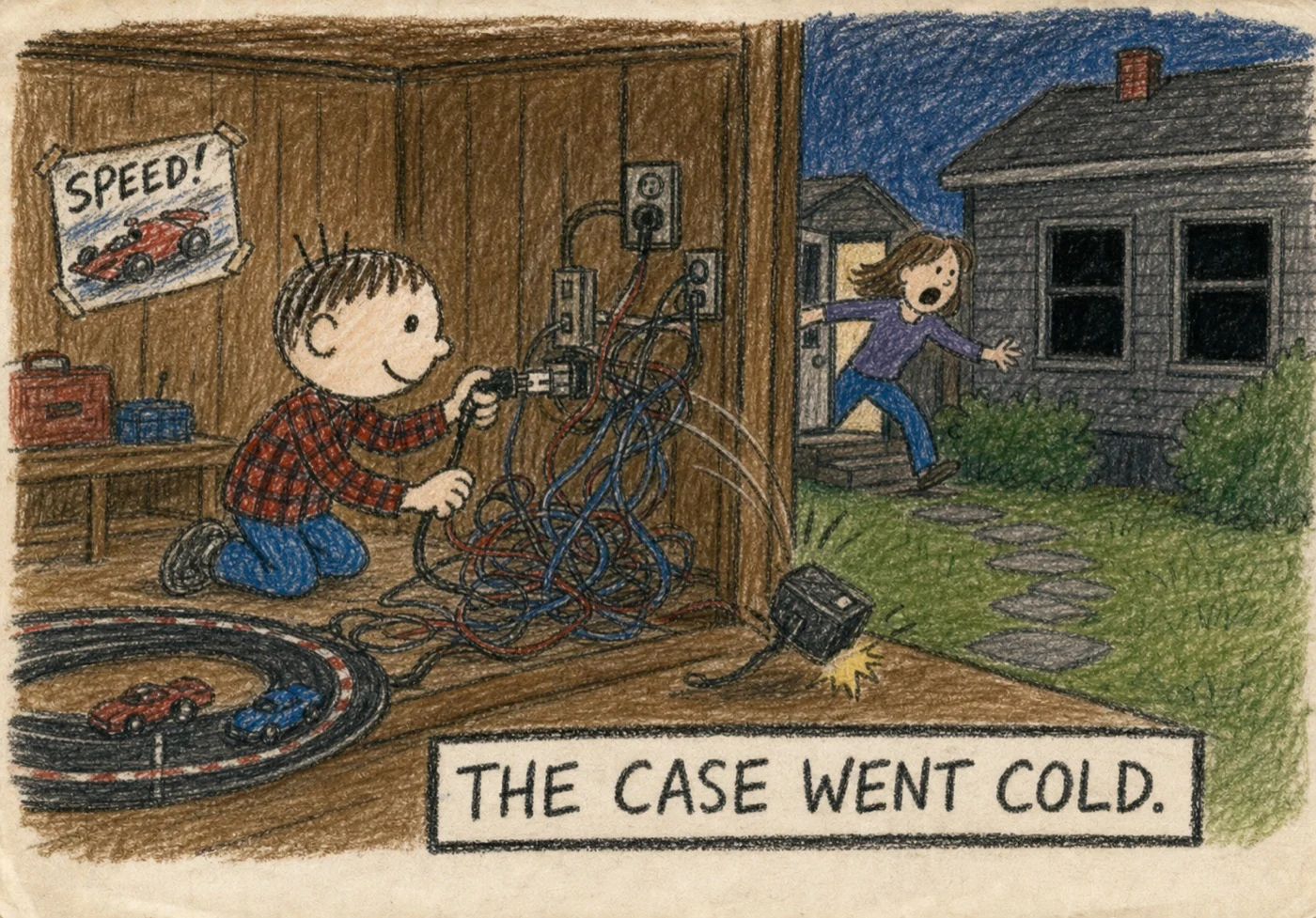 Crayon drawing: a kid in a backyard shed wiring a race-track adapter, the house lights going dark, Mom rushing out the back door.