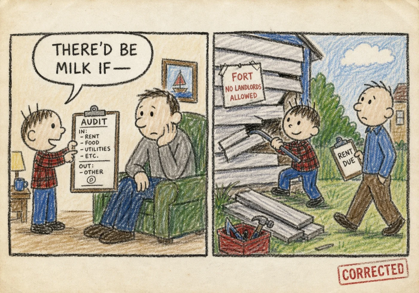 Two-panel crayon drawing: the boy delivering an audit to a generic Dad figure, then removing garage siding for a fort as a generic landlord arrives; no punishment shown.